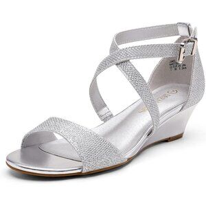 Women's Silver Low Wedge Ankle Open Toe Strap Soft Faux Heel Sandals Shoes